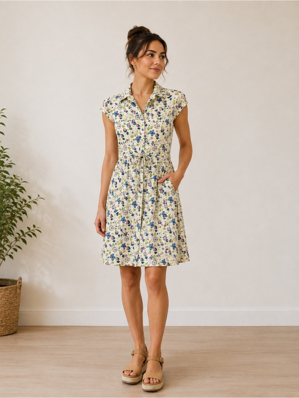 Susina Cream Floral Button-Front Tie-Waist Mini Dress